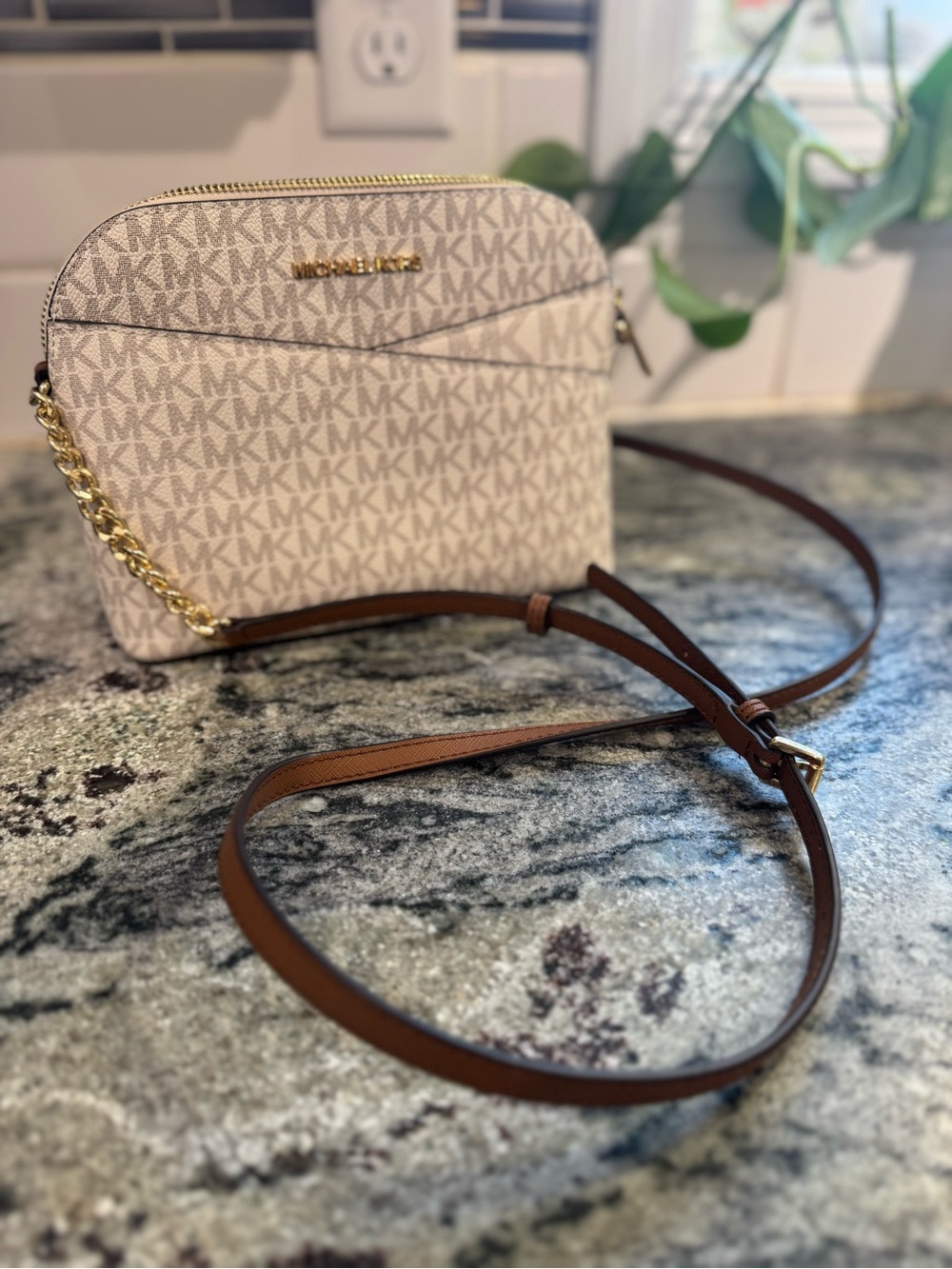 Michael Kors Vanilla Logo Crossbody with Brown Strap & Gold Hardware